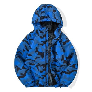 JOYSON Kid Boys Rain Jacket Outdoor Waterproof Jacket Lightweight Windbreaker Breathable Raincoat with Hood Mesh Lining Black Blue Print 9-10 Years