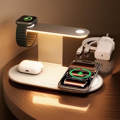 GUSGU 3 in 1 Charging Station for MagSafe Wireless Charger with Three-Level Night Light, 15W Max Fast Charging for iPhone 17/16/15/14/13/, Apple Watch Series 2-11/SE 3/ Ultra 3, AirPods Pro 3-Gray