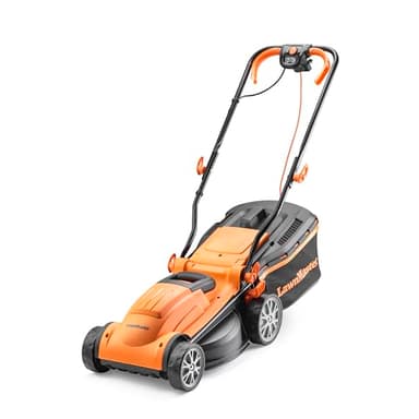 LawnMaster 1400W Electric Lawn Mower with 34cm cutting width, ideal for small to medium sized lawns. With 6 adjustable cutting heights and rear roller for striped finish, 2 year guarantee