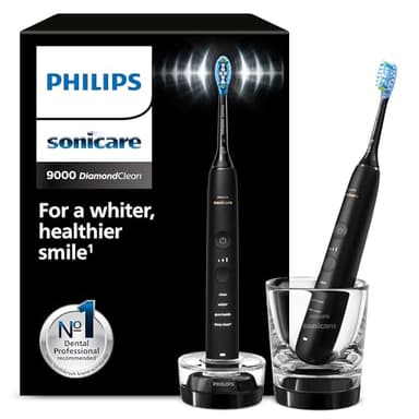 Philips Sonicare DiamondClean 9000 Electric Toothbrush, Sonic Toothbrush with App, Pressure Sensor, 4 Brushing Modes, 3 Intensity Levels, Charging Glass, Black, Dual Pack, Model HX9914/54