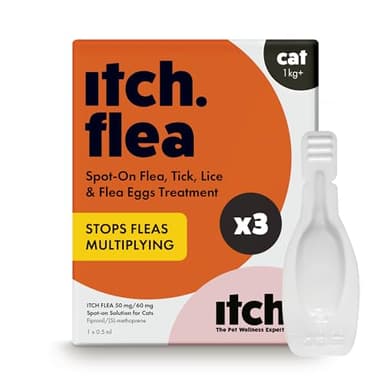 Itch Cat Flea & Tick Spot-On Treatment (For Cats 1kg+) – Kills Fleas, Ticks, Lice & Eggs to Prevent Reinfestation – 3 Easy-Apply Pipettes