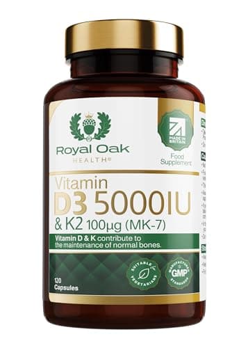 Vitamin D3 5000 IU & Vitamin K2 100mcg (MK-7) x120 Capsules - High Strength Vitamin D & K2 Supplement for Men & Women, Made in The UK by Royal Oak Health