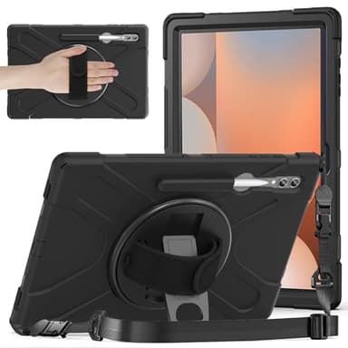 Gerutek Case for Samsung Galaxy Tab S10 Ultra /S9 Ultra/S8 Ultra 14.6 inch, Shockproof Rugged with 360 Rotating Hand Strap/Kickstand,Shoulder Strap Case for Samsung Tab S10 Ultra,Black