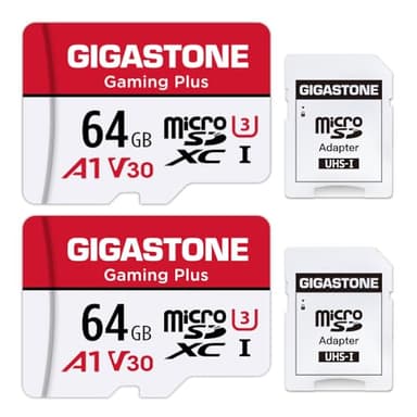 Gigastone 64GB Memory Card (2 Pack) Gaming Plus Series, Play Speed Up to 95MB/s. A1 U3 V30 Micro SDXC Card for Nintendo Switch Camera Full HD Video with SD Adapter.