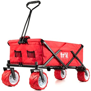 Trail Beach Trolley Cart Folding Camping Festival Wagon With Pull Along Handle, All Terrain Wheels, Drink Pockets, 60KG Capacity (Red)