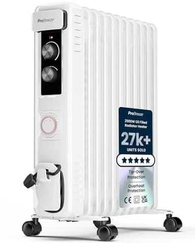Pro Breeze Oil Filled Radiator with 11 Fins - Slim Electric Radiator - Portable Oil Heater with Built-in 24 Hour Timer, 3 Heat Settings, Adjustable Thermostat (White)
