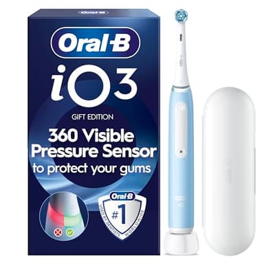Oral-B iO 3 Ice Blue Electric Toothbrush, 1 Toothbrush Head, 1 Travel Case, Designed by Braun