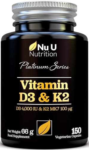 Vitamin D3 4000 IU and Vitamin K2 MK7 100μg - 150 Vegetarian Capsules - 5 Month Supply - High Strength Vitamin D K2 Supplement - Made in The UK - Nu U Nutrition