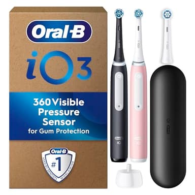 Oral-B iO3 Electric Toothbrush Dual Pack, Pink and Black, 3 Toothbrush Heads, 1 Travel Case, Designed by Braun