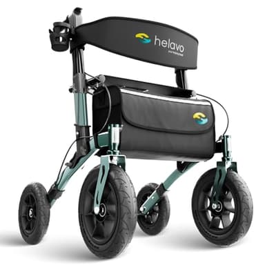 Helavo All Terrain Rollator Walker with Seat & Large 12” Pneumatic Tires – Foldable Outdoor Walkers for Seniors with Seat, Lightweight & Adjustable Height, Shock-Absorbing for Comfort on Any Surface