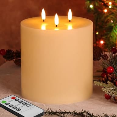Eywamage 3 Wick Ivory Flameless Pillar Candle with Remote, Real Wax Giant LED Battery Candle Flickering Φ 6" H 6"