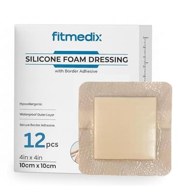 Silicone Foam Dressing 4x4 Inch (10x10cm) – 12 Pack, Waterproof Adhesive Silicone Wound Dressing Pads, Hypoallergenic Foam Dressing for Wound Care, Pressure Ulcers, Bed Sores