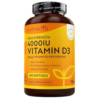 Nutravita Vitamin D3 4000 iu - 400 High Strength Easy to Swallow Premium Softgels - Over A Year's Supply - Max Strength Vitamin D3 Cholecalciferol Supplement - Manufactured in The UK