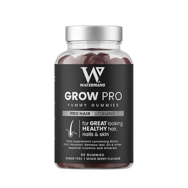 Grow Pro Gummies Biotin Hair Growth Supplement, Vegan Hair Vitamins Nail & Skin Growth Gummies by Watermans - Hair Skin and Nails Vitamins for Women & Men UK