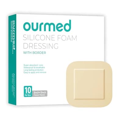 Ourmed Silicone Foam Dressing with Border Adhesive - Large Absorbent Waterproof Bandage for Wound Care, Foot Diabetic Ulcer, Leg Ulcer, 3" x 3", 10 Pack