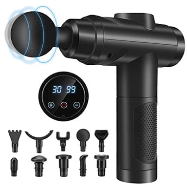 Massage Gun Deep Tissue, Muscle Percussion Massager with 30 Speeds Quiet Hand Massagers with LCD Touch Screen 10 Heads for Shoulder Body Back Relaxation (Black) (Black)