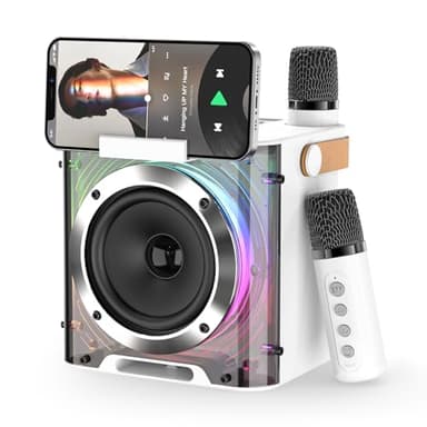 PKBD Karaoke Machine 2 Microphones for Adults Kids, Portable Bluetooth Speaker with 4 Voice Changing Effects and 5 Light Effects, Karaoke Speaker for Gift Home Party - Support TF Card, AUX (White)