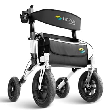 Helavo All Terrain Walker with Puncture-Proof, Flat-Free Solid Rubber Tires - Foldable Outdoor Walker for Seniors with Seat - Best Comfort on All Surfaces