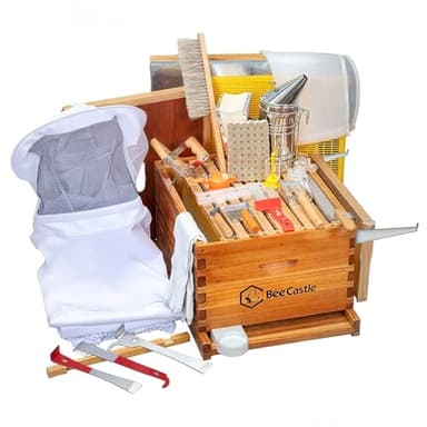 BeeCastle 10-Frame Bee Hives and Supplies Starter Kit,Beehive Kit Dipped in 100% Beeswax,Bee Keeping Supplies-All Beginners Kit Includes Beekeeping Supplies Tool Set and Bee Suit.