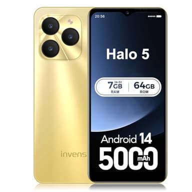 invens Halo 5 Mobile Phones SIM Free Unlocked Android 14 Smartphone with 6.52''HD+ Display, 5000mAh Battery,7GB+64GB/256GB,8MP+16MP Camera, 4G Dual Sim/Fingerprint/Face ID/GPS (Gold)