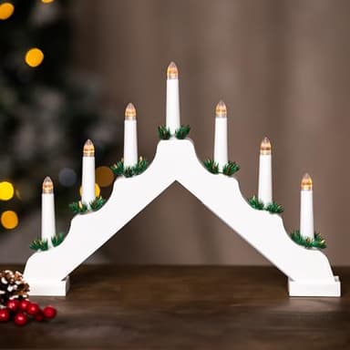 Marco Paul White Wooden Christmas Candle Bridge - 7 Warm White Faux Christmas Window Lights Battery Powered - Traditional Indoor Xmas Candle Arch for Windowsill or Mantelpiece