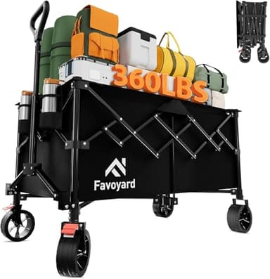 Favoyard 220L Large Capacity Festival Trolley, Heavy Duty Garden Wagon Cart, Folding Camping Trolley with All-Terrain Wheels and Adjustable Handle for Beach Garden Outdoor Camping Shopping, Black