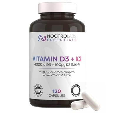 Nootro Labs Essentials Vitamin D3 4000 iu and K2 Capsules (60 Servings), Daily Vitamin D Supplements with Zinc and Magnesium for Joint Care, Bone & Heart Health and Immune Support
