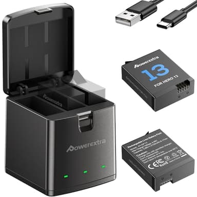 Powerextra Replacement Hero 13 Battery Charger Kit - 2-Pack 2100mAh Enduro Rechargeable Batteries with 3-Channel Fast Charger, Fully Compatible with Hero 13 Black for Reliable Performance