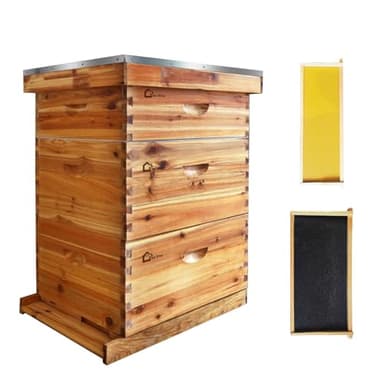 10-Frame Complete Bee Hives and Supplies Starter Kit Dipped in 100% Beeswax, Includes 2 Deep Hive Bee Box and 1 Bee Hive Super with Beehive Frames and Foundation for Beginner Beekeepers