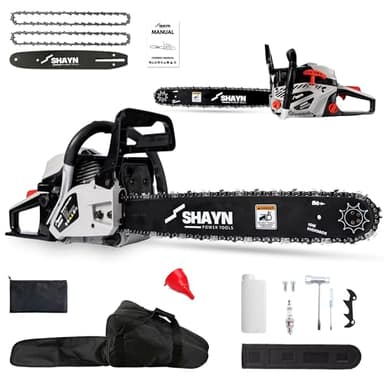 SHAYN 58cc Petrol Chainsaw - 2-Stroke Top Handle Chain Saw with 20" Bar, 2 Spare Chain, Anti-Vibration, Low-Noise, Auto Oiler, Toolkit & Carry Bag - Lightweight Garden Saw with 3-Year Warranty
