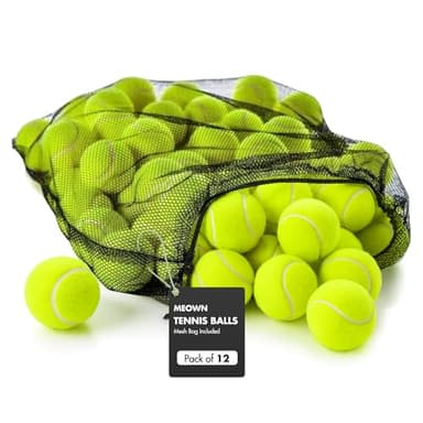Meown Tennis Balls with Mesh Carrying Bag, Pack of 12 24 36 48 | Pressureless Training & Practice Balls for All Court Types | Durable Dog Fetch & Play Balls | Soft Rubber All-Court Tennis Balls