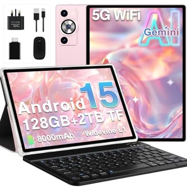 2026 Tablet 10 Inch Android 15 with Gemini AI, 30GB RAM+128GB ROM(TF 2TB), GMS, 8000mAh, Face ID, Octa Core 2.0GHz/BT5.0/GPS/Widevine L1/8MP+5MP/Widgets/5G WiFi Tablet with Keyboard & Mouse - Gold