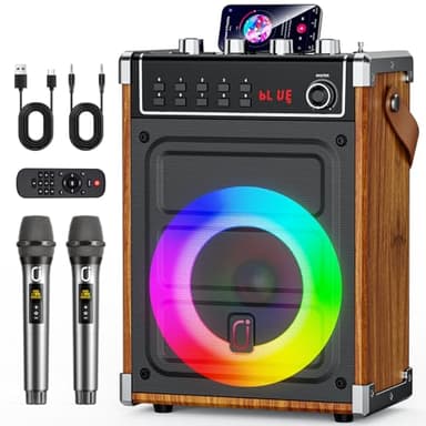 JYX Karaoke Machine with 2 Wireless Microphones, Bluetooth Speaker with Bass/Treble/Echo Adjustment & LED Light, Support USB, SD Card, AUX, TWS, FM, REC, Supply for Party/Adults (Wood)