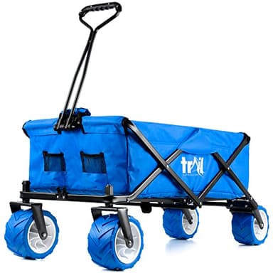 Trail Beach Trolley Cart Folding Camping Festival Wagon With Pull Along Handle, All Terrain Wheels, Drink Pockets, 60KG Capacity (Blue)