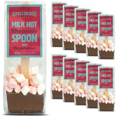 Kingsbridge Hot Chocolate Spoons - Belgian Milk Choc & Marshmallows, 10 Pack | Choc Block with Wooden Stirrer & Added Sweet Treats | Gifts for Birthdays, Special Occasions or Sleepovers