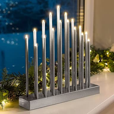 CHRISTOW Silver Candle Bridge Tower Christmas Decoration, Battery Operated with Timer, 17 Warm White LED Window Light