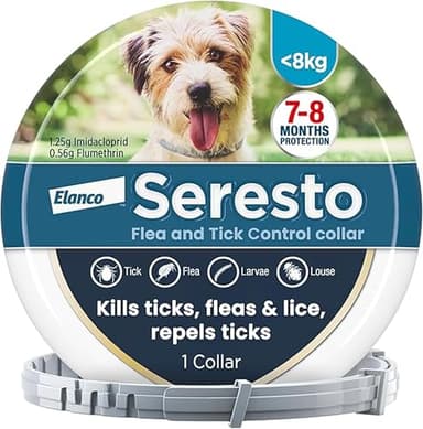 Seresto Flea and Tick Control Collar For Small Dogs Up To 8kg (1 Collar), Long-Lasting & Simple Treatment For Dogs, 7-8 Months Of Protection, Keeps Pets Protected From Fleas & Ticks