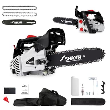 SHAYN 26cc Petrol Chainsaw - 2-Stroke Top Handle Chain Saw with 10" Bar, 2 Spare Chain, Anti-Vibration, Low-Noise, Auto Oiler, Toolkit & Carry Bag- Lightweight Garden Saw with 3-Year Warranty (Grey)