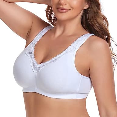 Ayigedu Women's Plus Size Soft Cotton Bra Lace Full Coverage Wirefree Non-Padded Bras 52F White