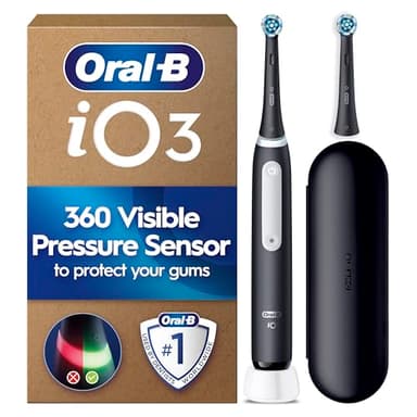 Oral-B iO3 Electric Toothbrush for Adults, Matt Black, Pressure Sensor, With 2 Toothbrush Heads, Long-Lasting Battery with Travel Case for Home and Travel, 2 Pin Plug