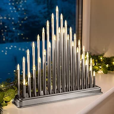 CHRISTOW Silver Candle Bridge Tower Christmas Decoration, Battery Operated with Timer, 33 Warm White LED Window Light