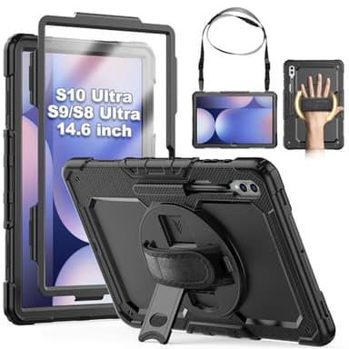 SEYMCY Case for Samsung Galaxy Tab S10/S9/S8 Ultra 14.6 inch 2024/2023, Full-body Shockproof with Screen Protector, Rotating Hand Strap & Stand, Shoulder Strap for Samsung S10/S9 Ultra Tablet, Black