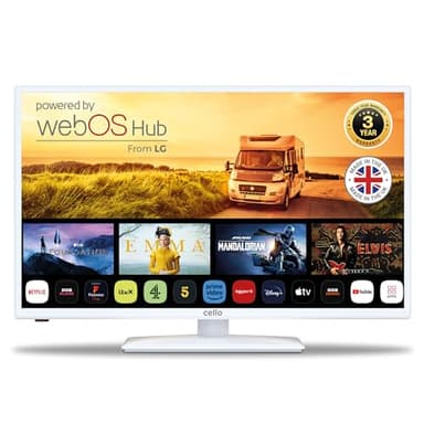 Cello White 12 Volt 32 inch Traveller Smart TV, 3 Years Warranty, Made in UK Ultrafast WebOS, Freeview Play, FreeSat, Bluetooth, Netflix, Apple TV, BBC. TV for Campervans, Motorhomes, HGVS