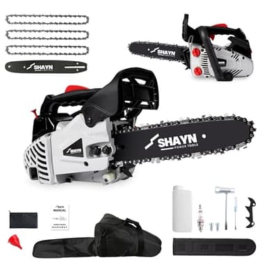 SHAYN 26cc Petrol Chainsaw - 2-Stroke Top Handle Chain Saw with 10" Bar, 3 Spare Chain, Anti-Vibration, Low-Noise, Auto Oiler, Toolkit & Carry Bag- Lightweight Garden Saw with 3-Year Warranty (Grey)