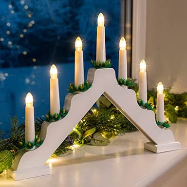 CHRISTOW Christmas Candle Bridge Light 7 LED Battery Operated Wooden Decoration (White)