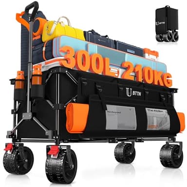 BTTN 300L Large Folding Festival Trolley on Wheels, 210kg Capacity Garden Cart with 18x10 cm Big All-Terrain Extra Wide Wheels, Portable Utility Storage Wagon for Shopping Camping Beach Garden, Black