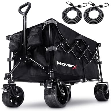 MoverX 120L Festival Trolley on Wheels, Folding Wagon, Portable Camping Cart, Collapsible Foldable Trolly for Beach Outdoor Garden Picnic Shopping Fishing, Wide Wheels, Adjustable Handle, Black