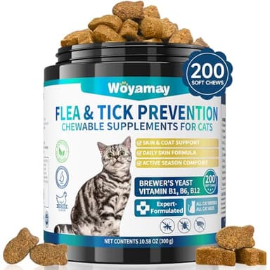 Woyamay Flea and Tick Support for Cats Chewables, 200 Treats Natural Cat Flea Chews, Daily Cat Flea Care, Flea Support Chewable Supplement for Cats Kittens for All Breeds, Chicken Flavor