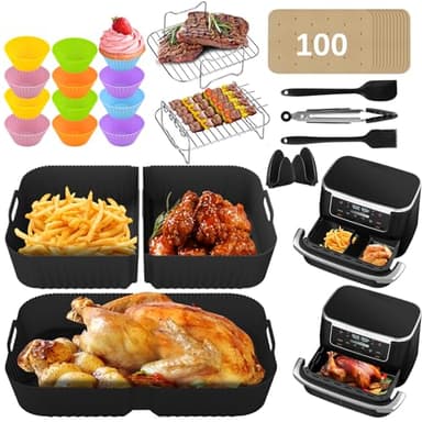 Air Fryer Liners Accessories for Ninja Foodi FlexDrawer Dual Air Fryer 10.4L AF500UK, 1PC 10.4L and 2PCS 5.2L Silicone Reusable Liners, Tong, Airfryer Baskets, Grilling Rack, Gloves, Oil Brush