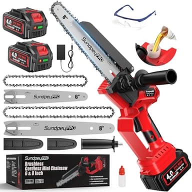 SundpeyPRO Mini Chainsaw Cordless 8 & 6-Inch - Brushless Battery Chainsaw with 2×4000mAh Batteries, Electric Handheld Saws to Cut Wood and Garden Branches with Automatic Oiler and Adjustable Chain